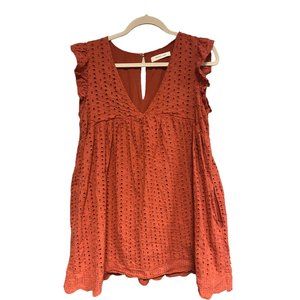 Mustard Seed Women's Eyelet Romper w/ Shorts & Pockets V-Neck Orange EUC Large